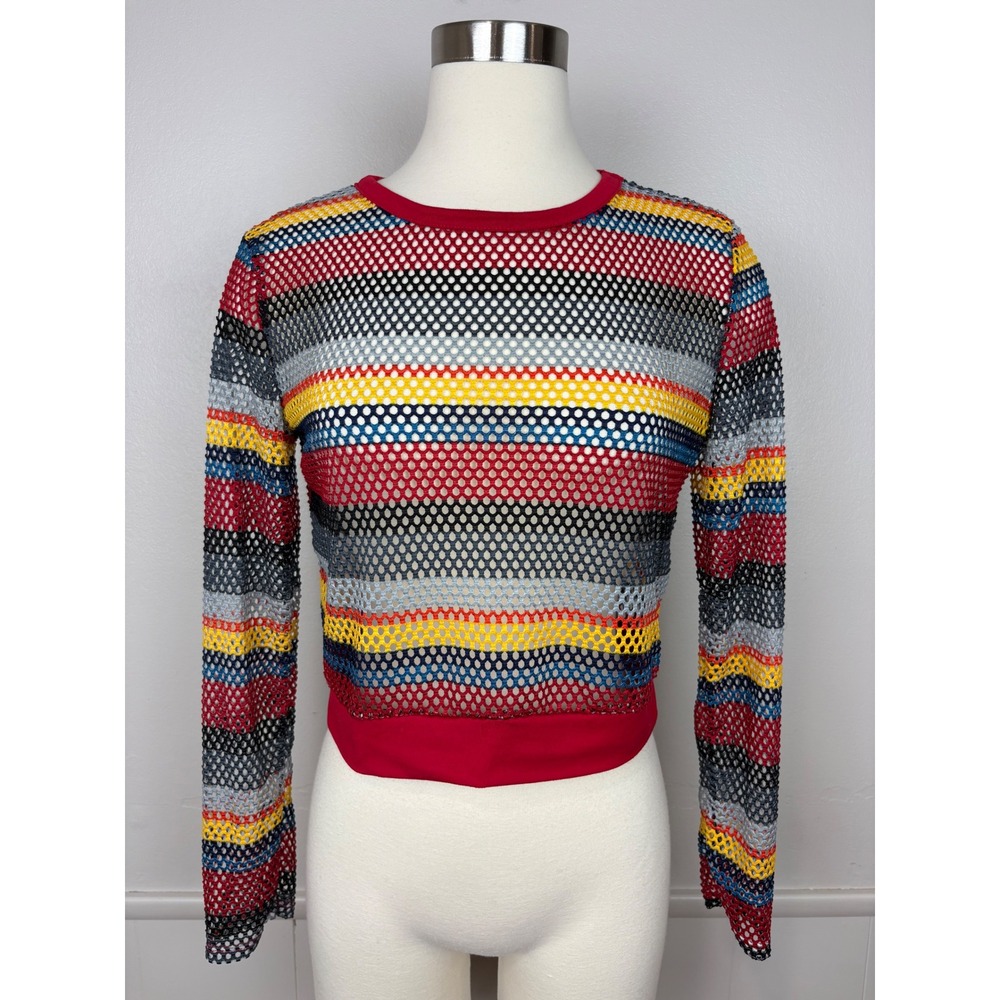 Ruby & Lace Rainbow Stripe Open Knit Cropped Mesh Top‎ Cover Up Sz L Made in USA